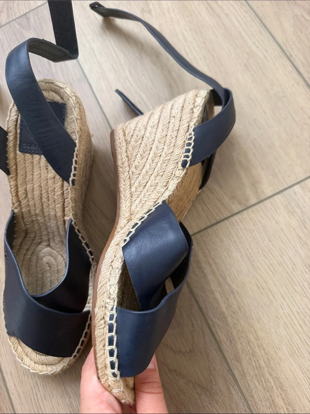 Tory Burch Navy Leather Crisscross Espadrille Wedges
